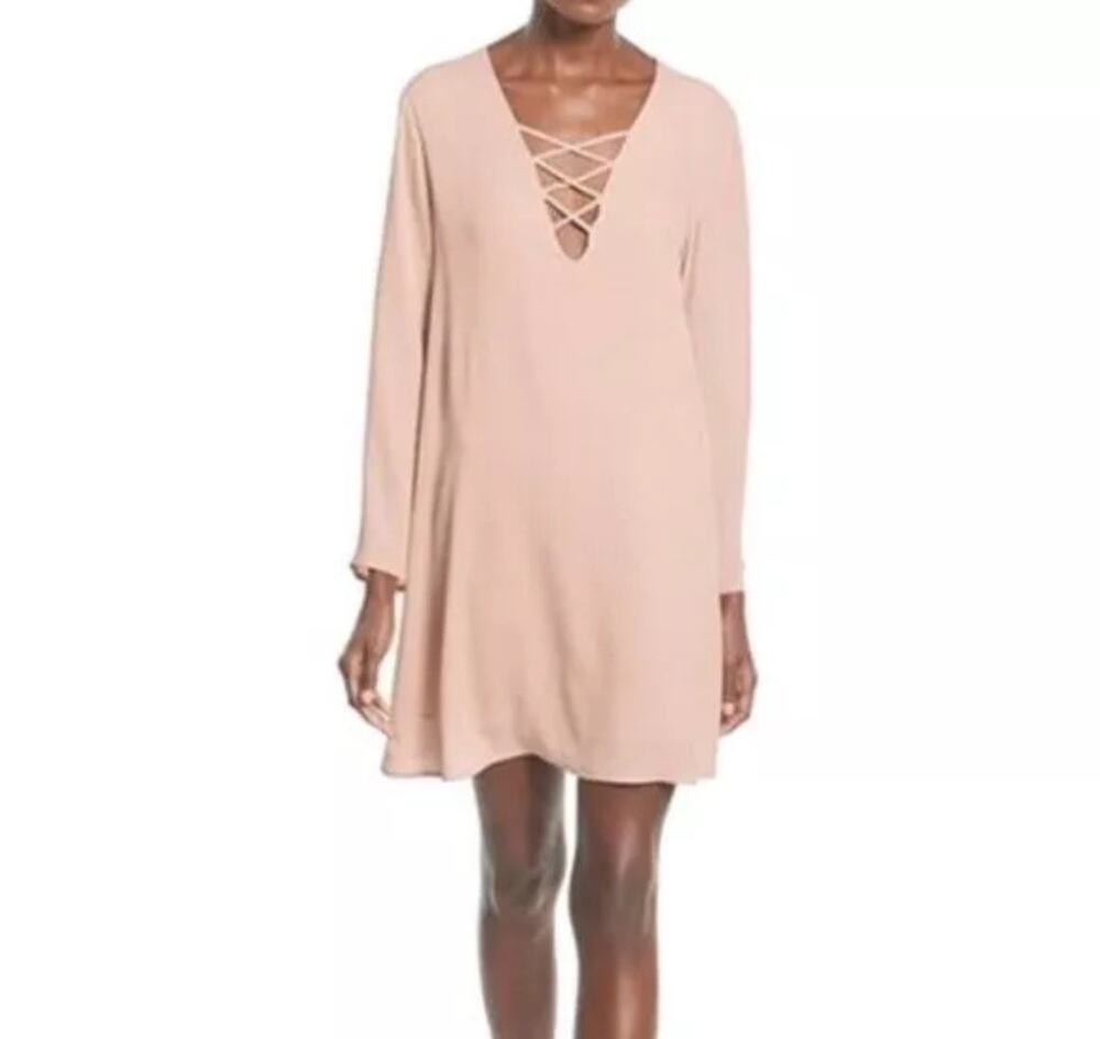 ASTR The Label Shift Dress Sz S Blush Pink Lace Up V-Neck Bell Sleeve Lined